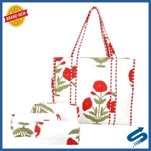 Lightweight Cotton Quilted Tote Bag with Matching Pouches, 15x18x5.5